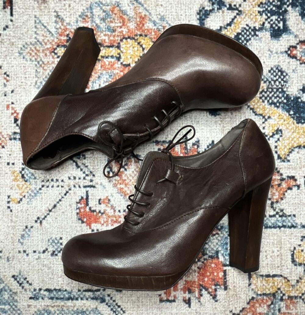 Joie Vintage Brown Leather Platform Oxford Heels Lace Up Block Size 39 / US 8.5